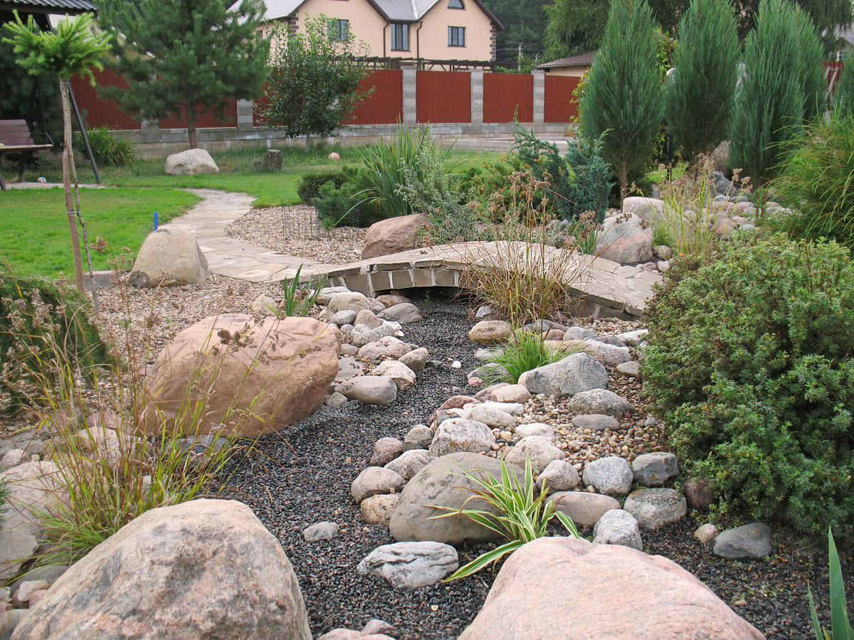 Дизайн сухого ручья в садовом ландшафте